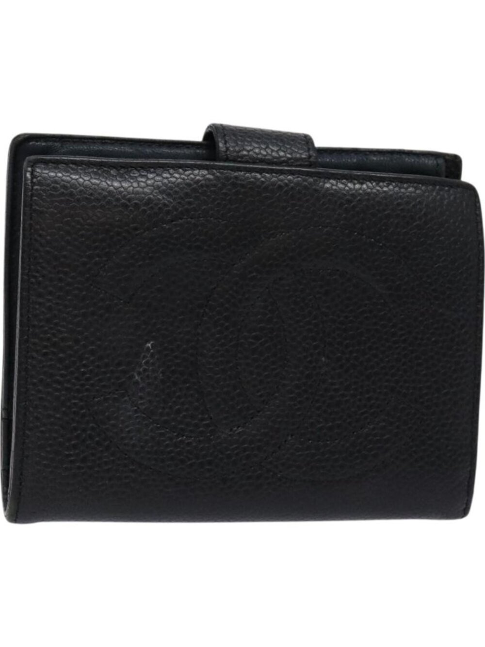 CHANEL Bifold Wallet Grained Calf Skin Black Gold CC